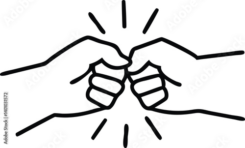 Fist Bump Gesture in Black Outline with Rays on Transparent Background Design