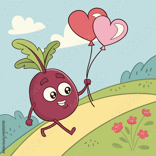 Cute Beet Skipping with Heart-Shaped Balloons – Adorable and Playful Vegetable Vector Design