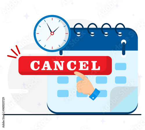 Hand gesture to showing easy subscription cancellation at any time or click to cancel. calendar, clock and cancel button. Customer service concept.