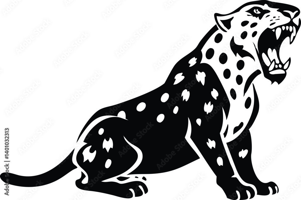 Fototapeta premium Growling Jaguar Illustration, Black and White Feline, Roaring Wildcat on Transparent