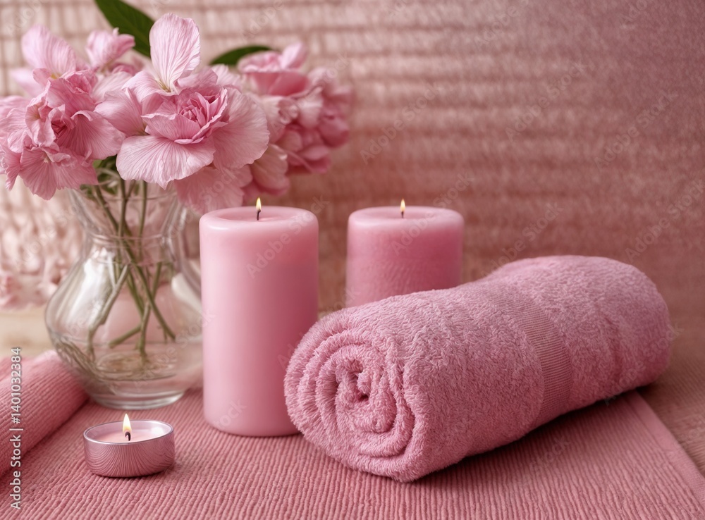 generative AI The image shows a calming spa setting with a rolled towel, two lit candles and a vase of white flowers on a bamboo mat. beauty salon relax rest massage blanket weekend generative AI The image shows a calming spa setting with a rolled towel, two lit candles and a vase of white flowers on a bamboo mat. beauty salon relax rest massage blanket weekend