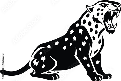 Growling Jaguar Illustration, Black and White Feline, Roaring Wildcat on Transparent