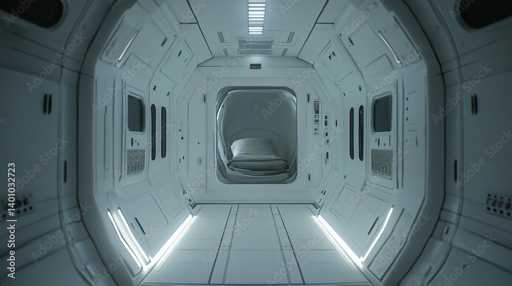 Fototapeta premium White futuristic corridor with metal walls and glowing lights leading to a room.
