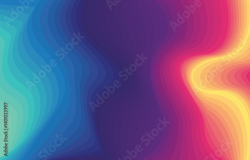 This dynamic abstract background features a captivating interplay of layered, wavy shapes in a spectrum of vibrant colors, transitioning smoothly from cool blues and greens to warm oranges and pinks.