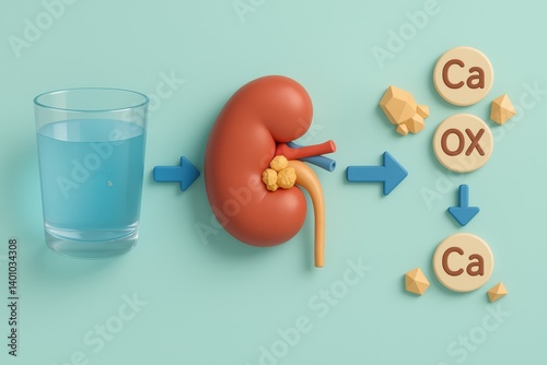 Renal process: A clear glass of water transforms into a representation of the kidney, with calcium oxalates forming, illustrating the renal process and the formation of kidney stones.