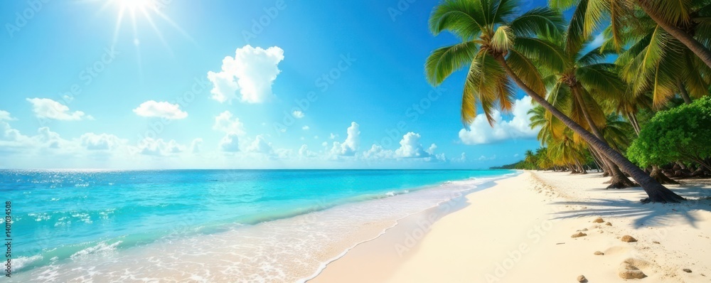 Warm sandy beach with swaying palm trees and turquoise ocean water under sunny tropical sky , tropical, palm trees Warm sandy beach with swaying palm trees and turquoise ocean water under sunny tropical sky , tropical, palm trees