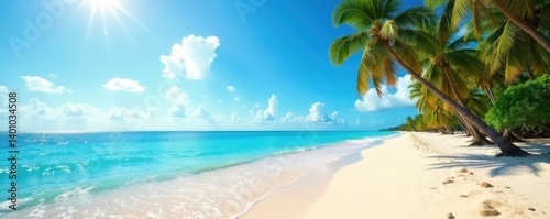 Warm sandy beach with swaying palm trees and turquoise ocean water under sunny tropical sky , tropical, palm trees