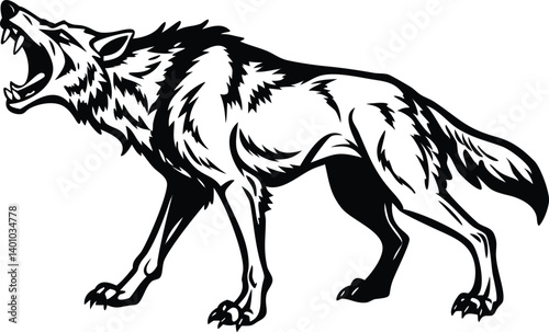 Howling Wolf Illustration, Wild Animal, Isolated Silhouette on White Background