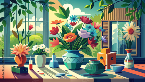 modern floral design still life in natural light studio