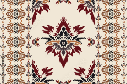 Seamless ikat border pattern with tribal floral ornament and geometric decorative stripes, traditional ethnic textile design perfect for fabric, apparel, wallpaper, and home decor