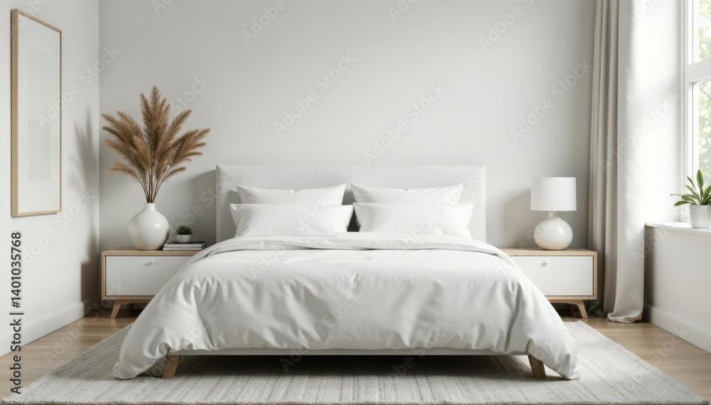 white king size bed with white pillows in a modern scandinavian bedroom, scandinavian, bedroom, home decor white king size bed with white pillows in a modern scandinavian bedroom, scandinavian, bedroom, home decor