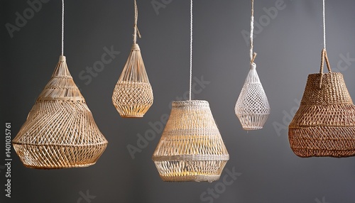 this image features six unique woven light fixtures in a grid each with a unique design and hanging from a white string against a gray backdrop