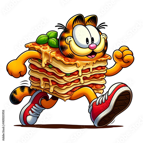 Funny Cartoon Lasagna Running with Cat Face in Comic Style