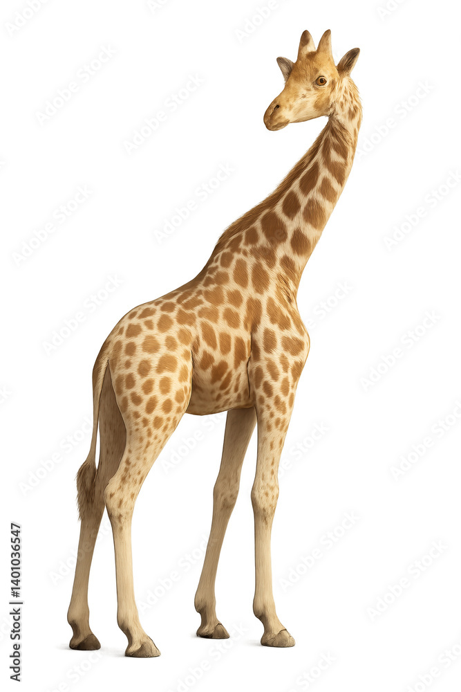 Alert young giraffe standing tall profile view, isolated against transparency background. This african mammal shows its distinct spotted Alert young giraffe standing tall profile view, isolated against transparency background. This african mammal shows its distinct spotted