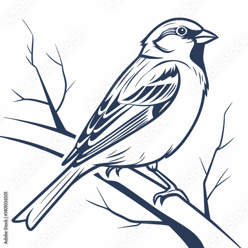 Blue tit, a wild bird silhouette on a tree branch, vector illustration
