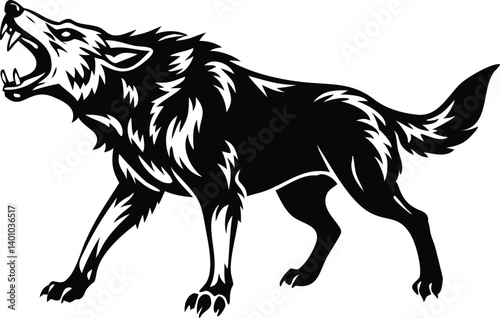 Howling Wolf Silhouette on Isolated White Background Fierce Animal Design