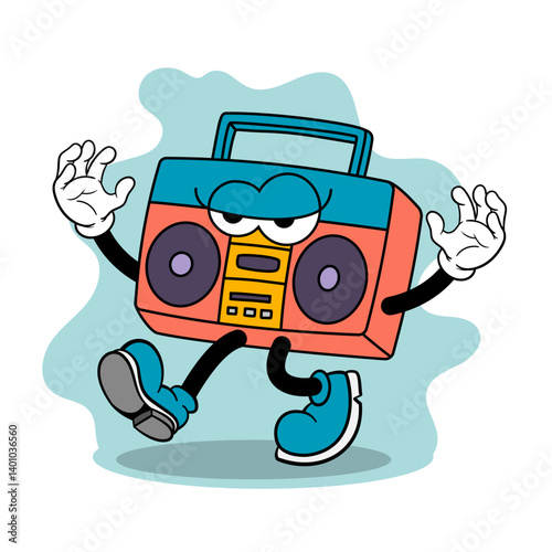 Colorful Retro Tape Recorder Cartoon with Urban Attitude – 90s Boombox Character Vector for Pop Culture and Nostalgic Themes