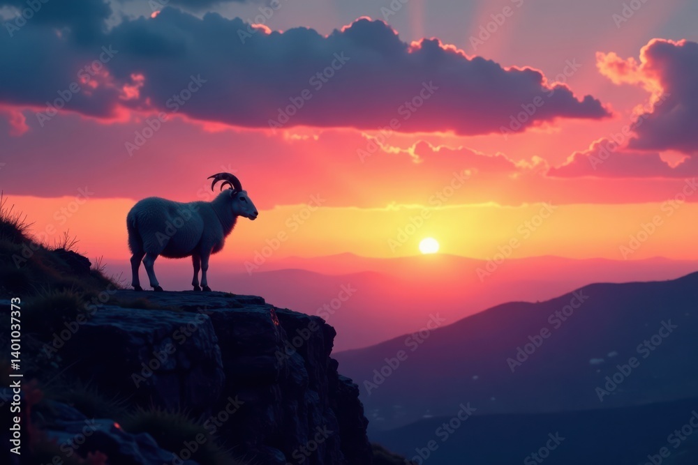 Silhouette of sheep standing on rocky cliff at dusk, farm, dusk Silhouette of sheep standing on rocky cliff at dusk, farm, dusk