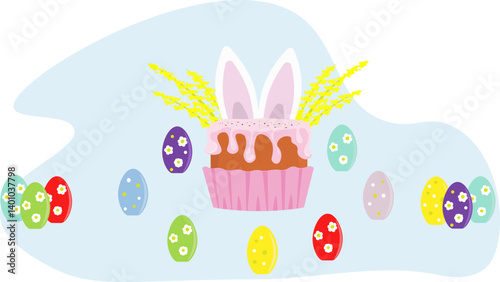 Easter pink cake with rabbit ears with eggs and icing on a blue background
