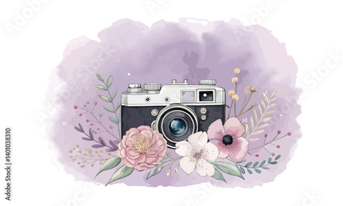Watercolor Camera, Vintage film camera, watercolor illustration, pastel colors, pink roses, green leaves, floral accents, retro photography, artistic composition, Camera