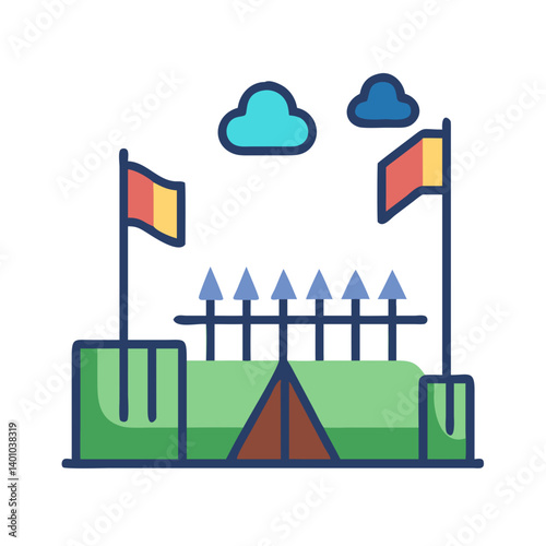 Camping Area with Flag and Fence Icon Design