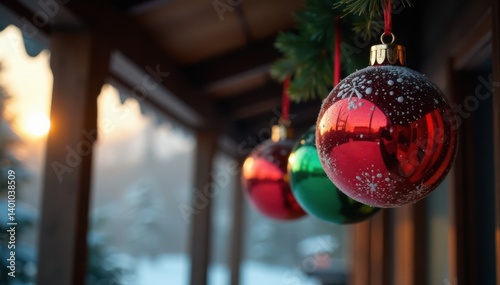 Hanging Christmas balls from a wooden or metal roof beam, country style, rustic decorations