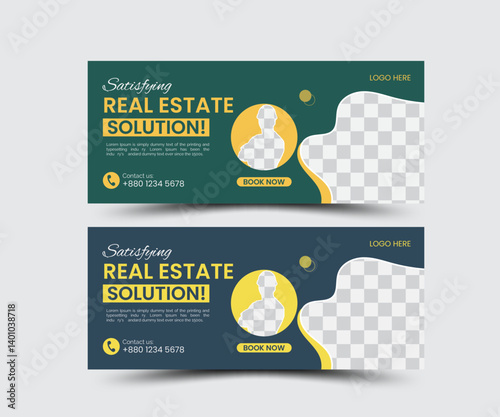 Real estate home facebook cover design template. Web banner design layout for real estate business company. 