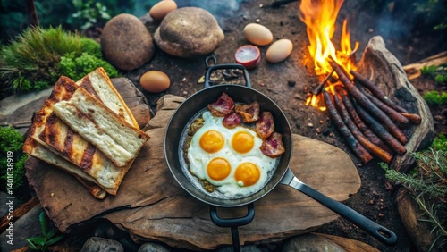 camping food concept Campfire breakfast featuring eggs, meat, and bread on a rustic wooden surface.