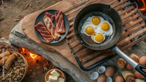 camping food concept Rustic cooking scene with eggs frying in a pan alongside grilled meat on a wooden surface.