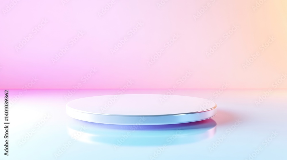 Empty, circular, metallic display podium against a pastel gradient backdrop.  A smooth, reflective surface creates a minimalist aesthetic