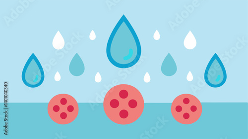 Hydration Boost An illustration showing skin cells absorbing moisture with droplets labeled as exosomes and retinol highlighting their hydrating and plumping benefits.