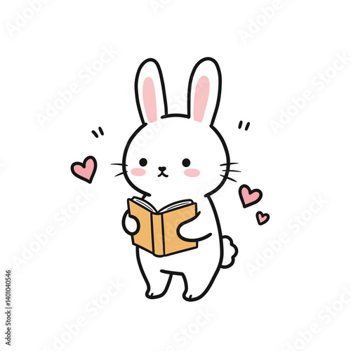Cute bunny reading a book with love hearts in the background  