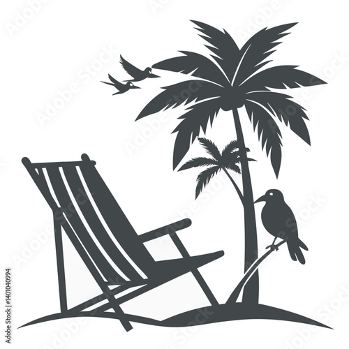 A Tranquil Tropical Beach Scene with a Relaxing Deck Chair, Palm Tree, and Birds in Silhouette

