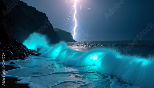 Dramatic lightning strikes over glowing bioluminescent waves crashing against a rocky shore.
