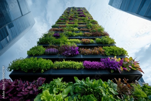 A magnificent vertical garden epitomizes modern sustainable design in an urban backdrop, showcasing an abundance of colorful plants and greens harmonizing with metropolitan life.