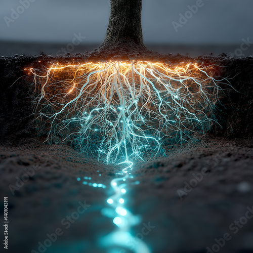 Glowing Root System Under Digital Tree