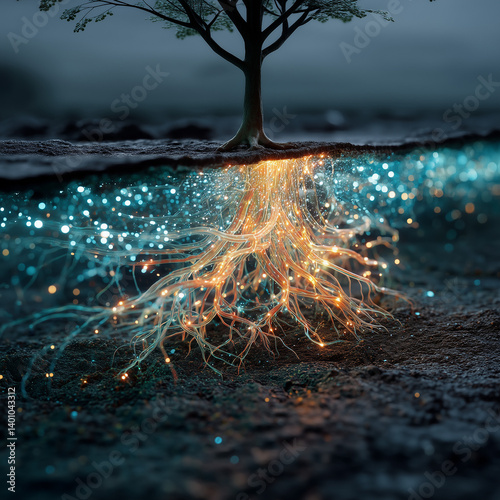 Glowing Root System Under Digital Tree
