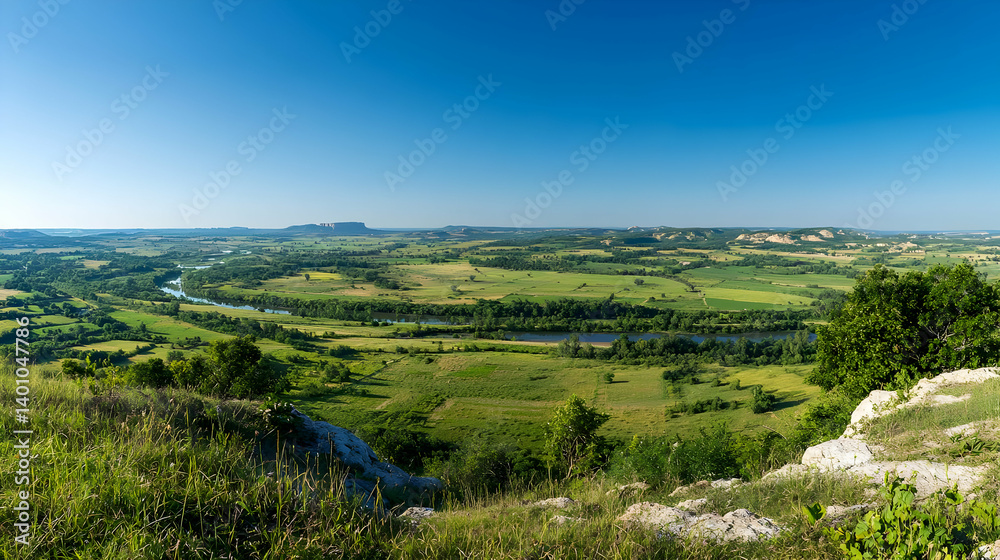 Naklejka premium Panoramic View Of Green Valley And River From Hilltop