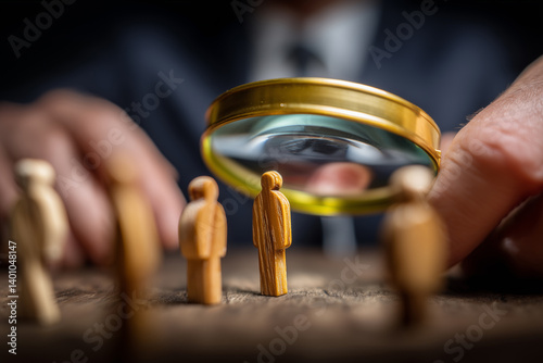 The recruitment concept with a magnifying glass highlights standout figures among wooden figurines.