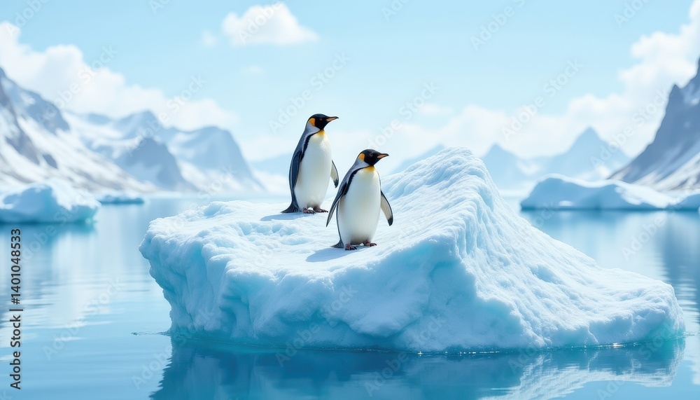 Fototapeta premium Two penguins on an iceberg in a glacial landscape