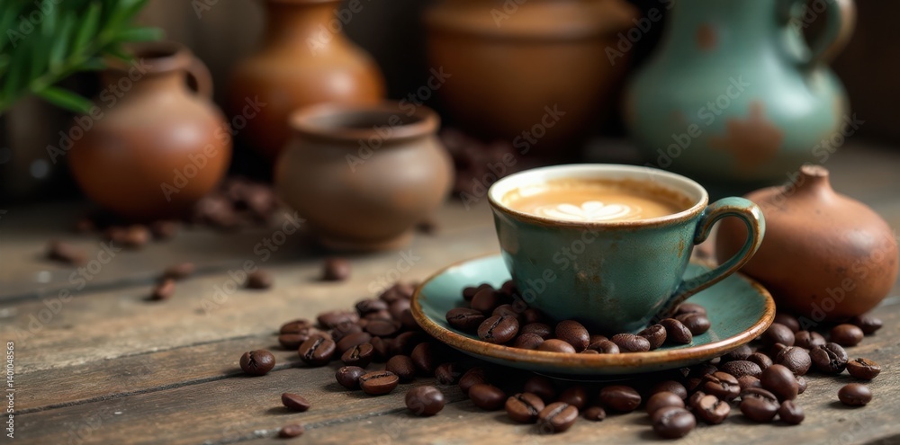 Old wooden table with espresso cup and beans surrounded by rustic ceramics, wood, antique Old wooden table with espresso cup and beans surrounded by rustic ceramics, wood, antique