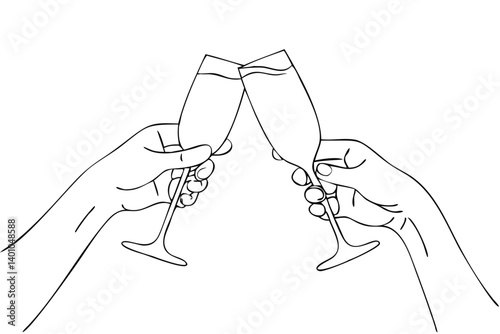 Champagne Toast Line Art Hands Holding Glasses Isolated On Black Background Celebration