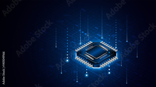 Microchip processor circuit board technology on dark blue background. Information Processing Concept. Circuit board hi-tech technology background. vector illustration