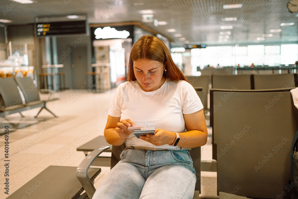 Women use smartphone and holding a passport while waiting to board a flight at the airport. High quality photo