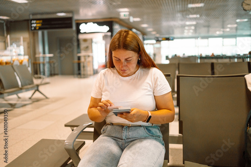 Obraz na płótnie Women use smartphone and holding a passport while waiting to board a flight at the airport. High quality photo w salonie