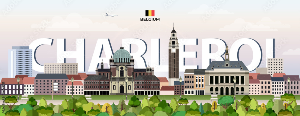 Charleroi cityscape colorful vector illustration with big city name on the background. Travel trendy poster