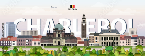 Obraz na płótnie Charleroi cityscape colorful vector illustration with big city name on the background. Travel trendy poster w salonie