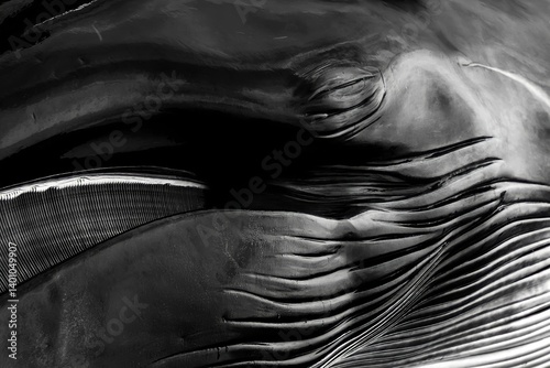 Detalle de la cabeza de una ballena varada en blanco y negro