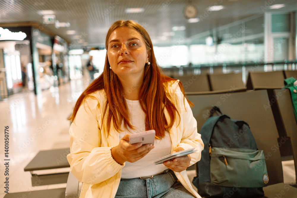 Caucasian girl waiting for departure at the airport on your vacation. Uses a smartphone and drinks coffee. High quality photo