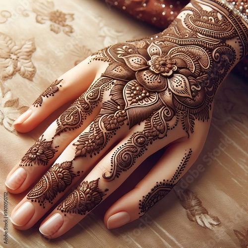 Elegant Mehndi Design Adorning a Hand in Traditional Brown Henna Color
